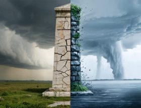 Conceptual illustration of a historic stone monument showing one half in its original state and the other half deteriorating, symbolizing the impact of climate change with elements like storm clouds and acid rain.