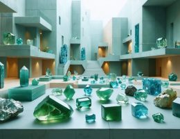 Conceptual representation of culturally significant gemstones such as jade, turquoise, and sapphire integrated into modern architectural designs, highlighting cultural motifs and global market influences.