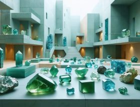 Conceptual representation of culturally significant gemstones such as jade, turquoise, and sapphire integrated into modern architectural designs, highlighting cultural motifs and global market influences.