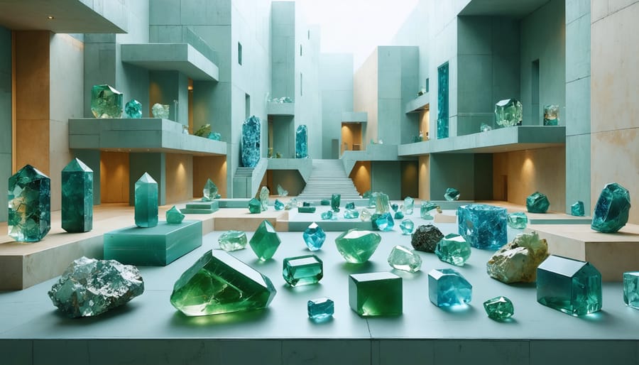 Conceptual representation of culturally significant gemstones such as jade, turquoise, and sapphire integrated into modern architectural designs, highlighting cultural motifs and global market influences.