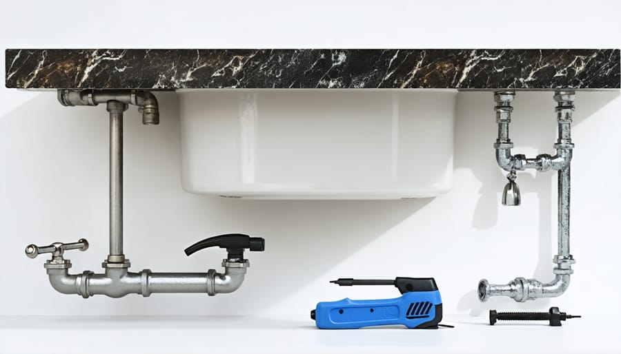 Plumber disconnecting sink plumbing from granite countertop