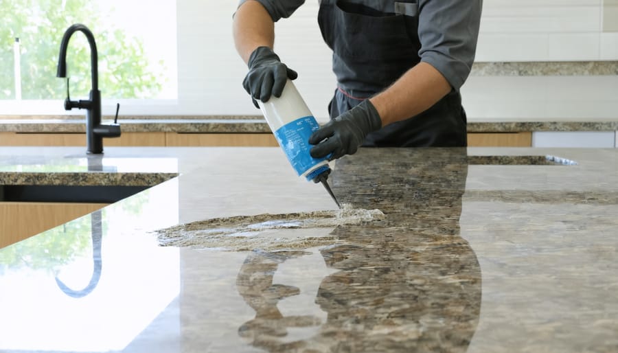 Professional applying water-based sealer to newly installed granite countertop