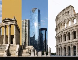 Illustration depicting the evolution of urban architecture, featuring ancient stone structures merging into modern metropolises with skyscrapers, symbolizing the role of stone in shaping city landscapes.