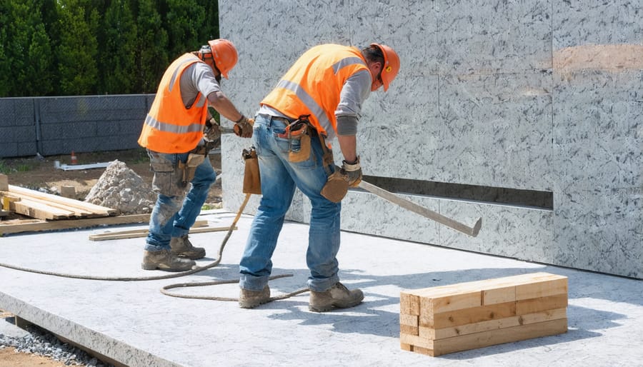 Two people safely lifting granite countertop section using proper technique