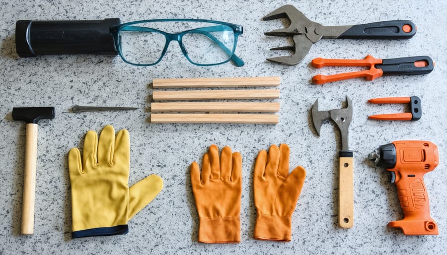 Safety equipment and tools arranged on workbench for granite countertop removal