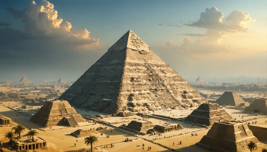 Bird's eye view of the Great Pyramid of Giza highlighting its precise geometric construction and limestone architecture