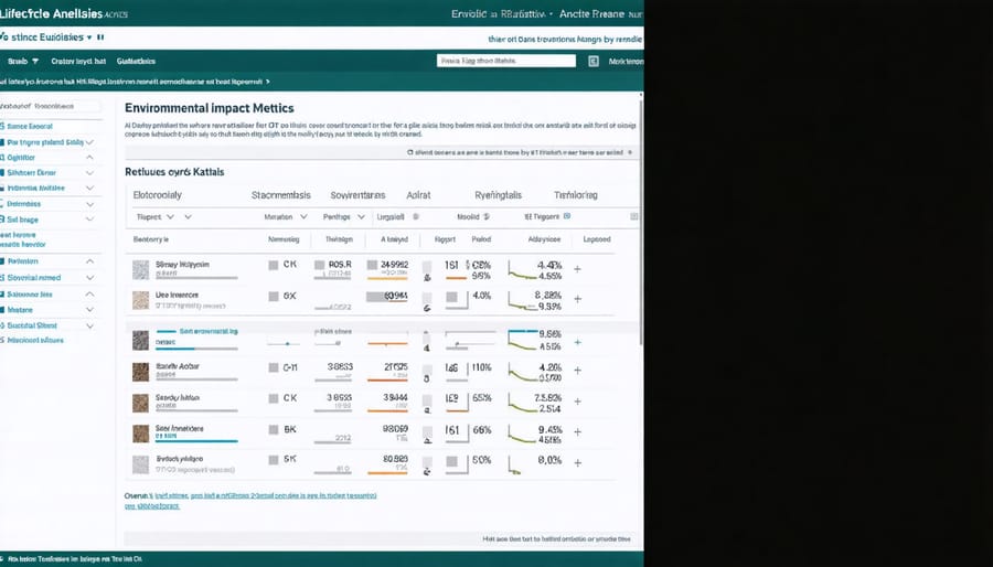 User interface of LCA software displaying graphs and metrics for stone material analysis