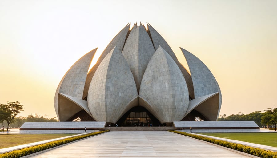 Aerial view of the Lotus Temple's white marble facade with its distinctive flower-inspired architecture