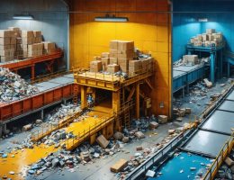 A conceptual illustration of a factory assembly line depicting seven types of manufacturing waste affecting profits, including overproduction, excess inventory, unnecessary transportation, motion inefficiencies, waiting times, over-processing, and defects.