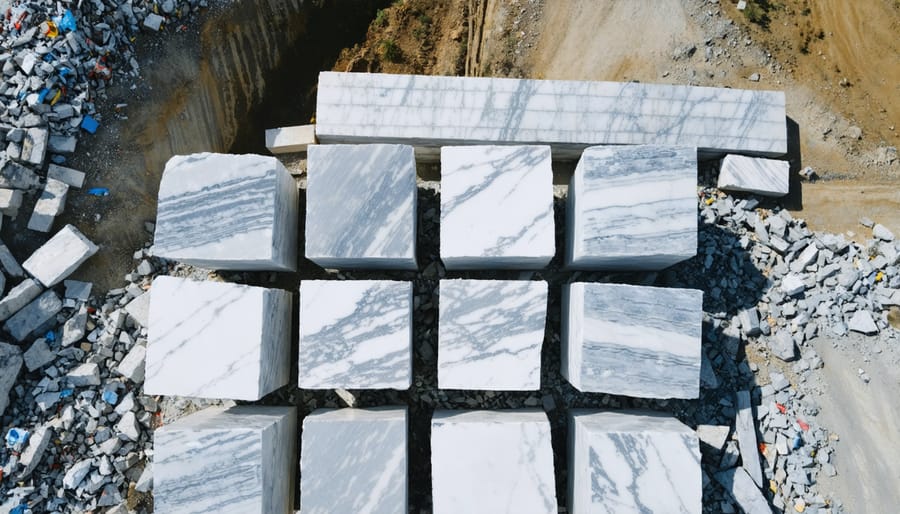Marble quarry operations with visible stone waste accumulation and extraction areas