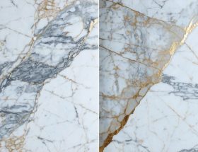 A split-view image illustrating a marble countertop before and after applying a permanent marble sealer, demonstrating the enhancement in shine and protection.