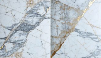 A split-view image illustrating a marble countertop before and after applying a permanent marble sealer, demonstrating the enhancement in shine and protection.