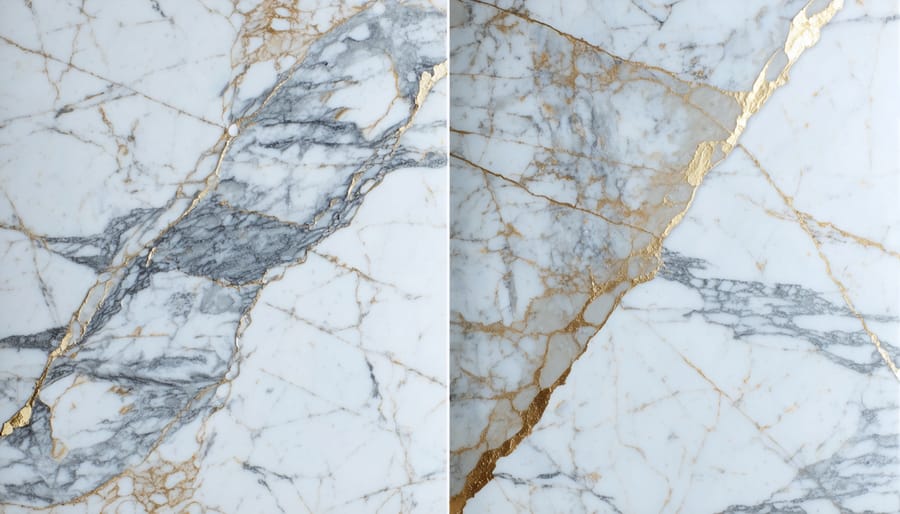 A split-view image illustrating a marble countertop before and after applying a permanent marble sealer, demonstrating the enhancement in shine and protection.