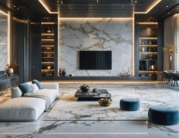 A sophisticated room showcasing a harmonious combination of polished marble, honed limestone, and leathered granite finishes. The image highlights the reflective qualities of polished surfaces and the matte elegance of honed stone in a luxury interior setting.