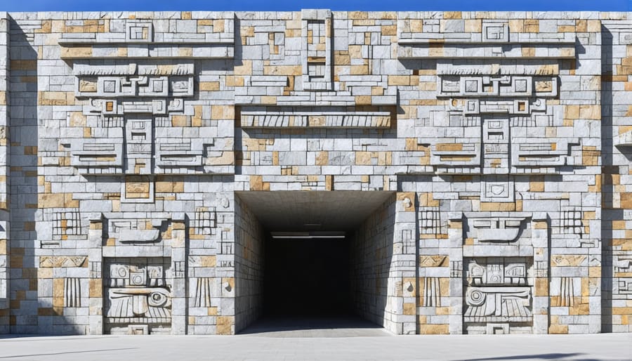 Contemporary architecture incorporating geometric Aztec patterns in stone work