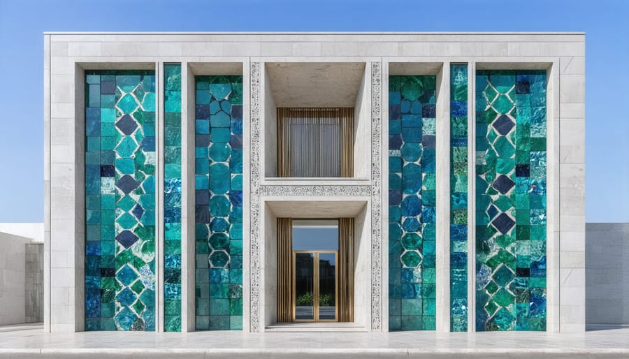 Contemporary building exterior showcasing geometric patterns created with regional stones