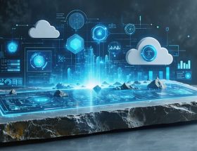 Conceptual image of a natural stone slab seamlessly blending into a digital interface with data and graphs illustrating sustainable analysis metrics, representing the fusion of technology and environmental responsibility in the stone industry.