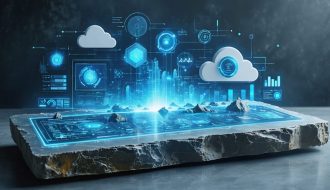 Conceptual image of a natural stone slab seamlessly blending into a digital interface with data and graphs illustrating sustainable analysis metrics, representing the fusion of technology and environmental responsibility in the stone industry.