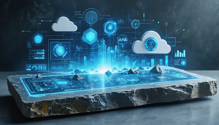 Conceptual image of a natural stone slab seamlessly blending into a digital interface with data and graphs illustrating sustainable analysis metrics, representing the fusion of technology and environmental responsibility in the stone industry.