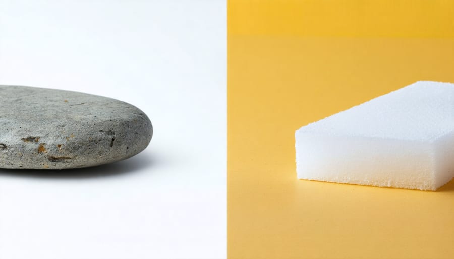 Comparison showing traditional stone packaging with excessive plastic versus sustainable biodegradable packaging solutions