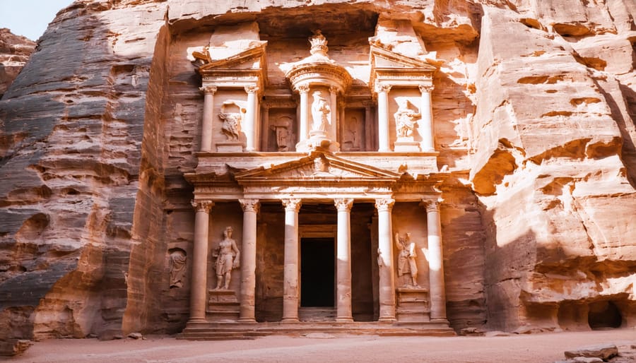 Front view of Petra's Treasury facade with detailed sandstone carvings illuminated by sunset light