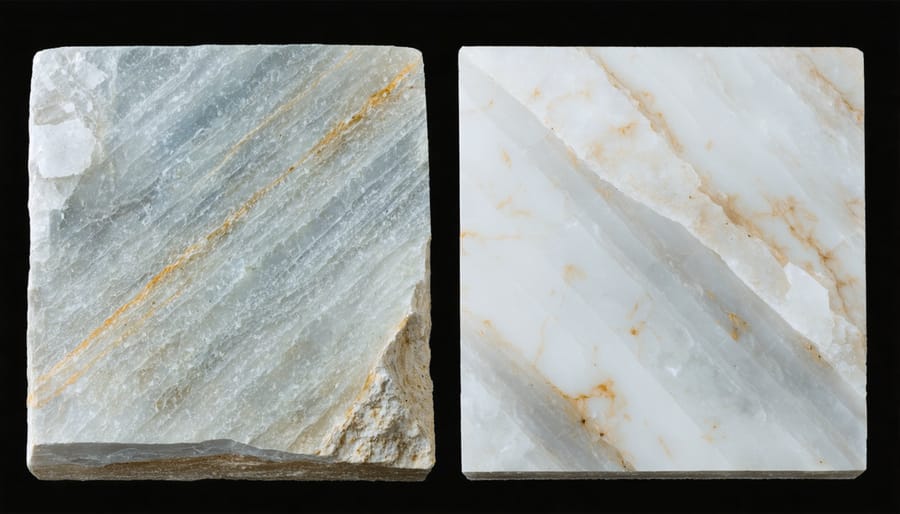 Comparison showing the visual differences between natural quartz and engineered quartz countertops