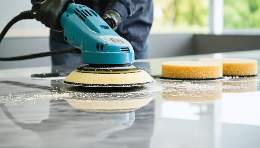 Demonstration of mechanical polishing tools being used on quartz countertop