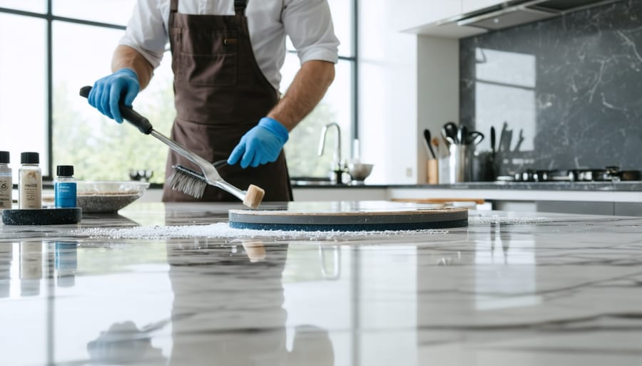 A professional polisher working on a quartz kitchen countertop, demonstrating the transformation from a dull to a mirror-like finish under natural lighting.