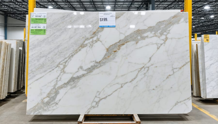 Stack of imported quartz slabs with price tags reflecting tariff increases