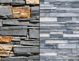 A split image contrasting natural stone quarrying with the finished installation of a cultured stone wall, illustrating the distinct appeal and design considerations of each material.