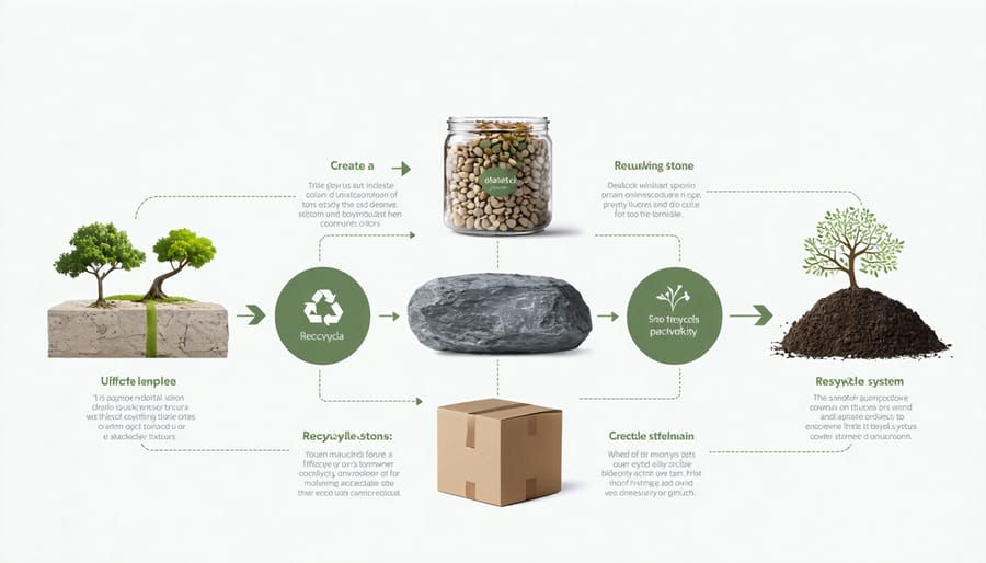Circular diagram illustrating the complete recycling process of sustainable stone packaging materials