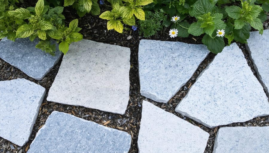 Creative reuse of granite countertop materials as decorative garden pathway stones
