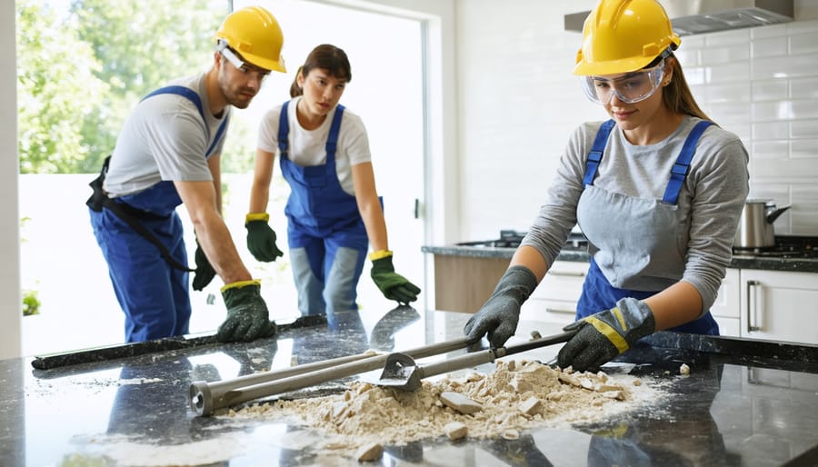 A team of individuals wearing safety equipment safely removing granite countertops in a kitchen, showcasing proper techniques and tools like pry bars and suction cups.