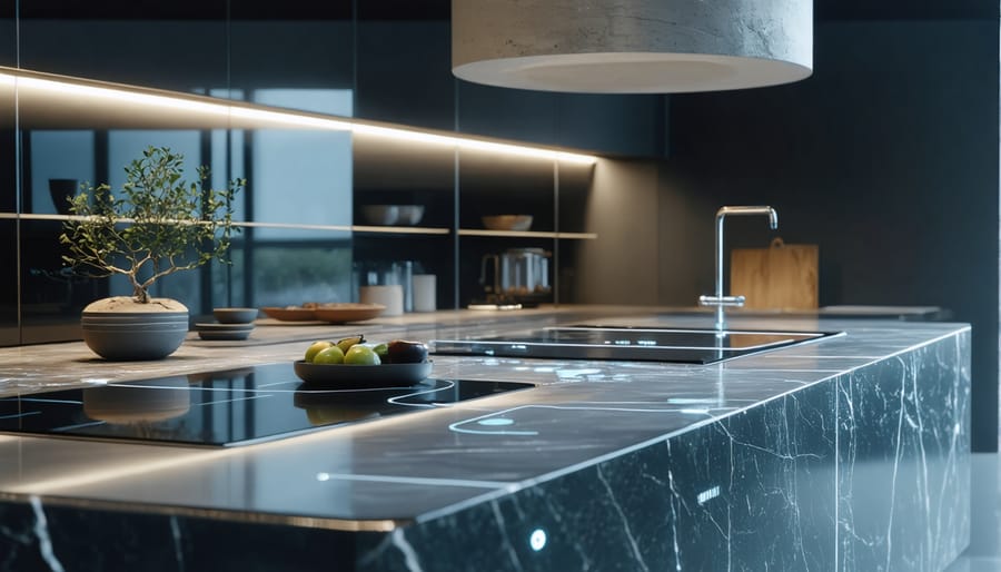 Kitchen featuring smart stone countertop with embedded sensors and digital display