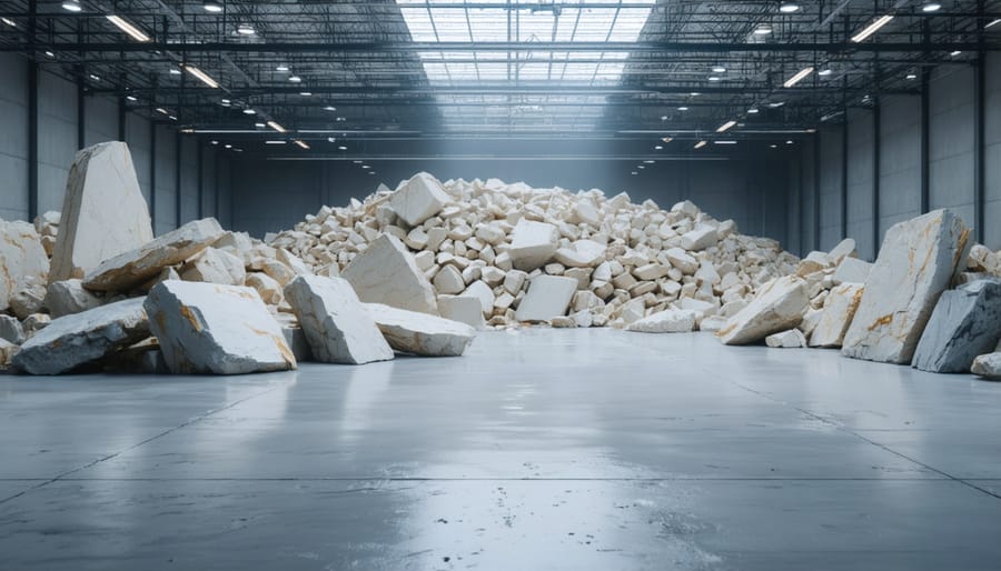 Modern stone processing facility with digital displays and automated cutting machines