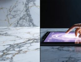 A split-screen illustration depicting the transformation of a traditional marble countertop into a modern interactive smart surface with touch controls and LED lighting.