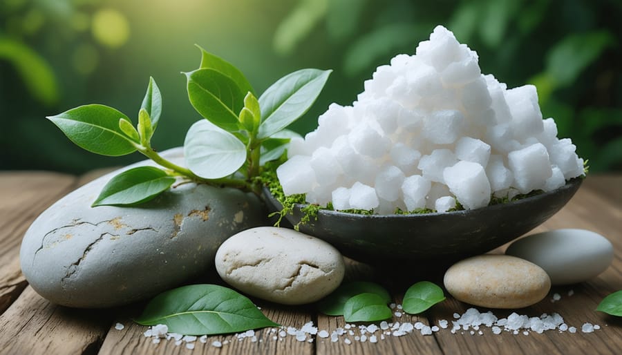 Conceptual image depicting a juxtaposition of natural stone slabs with biodegradable packaging components, symbolizing the shift from traditional plastic packaging to sustainable solutions in the stone industry.