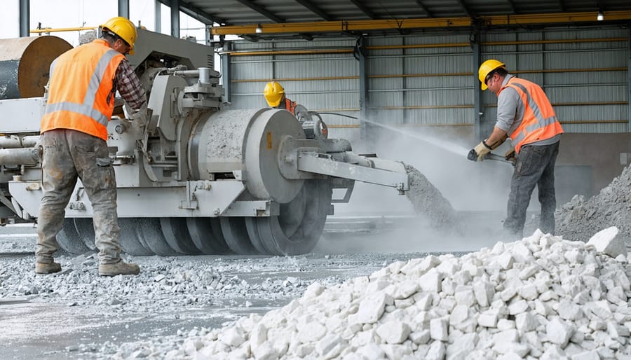 Industrial stone processing facility showing cutting operations and waste generation