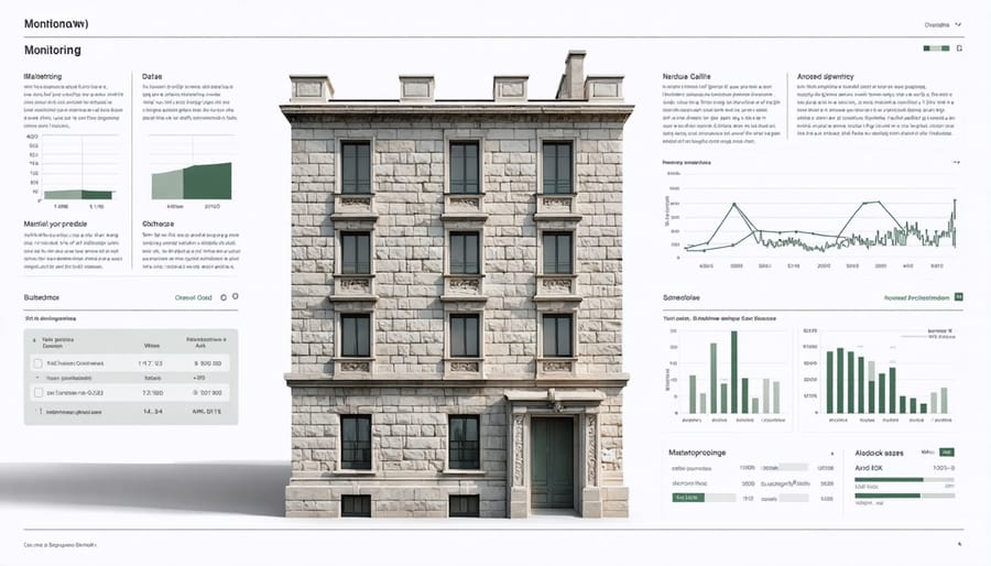 Interactive digital twin interface displaying stone facade properties and monitoring information