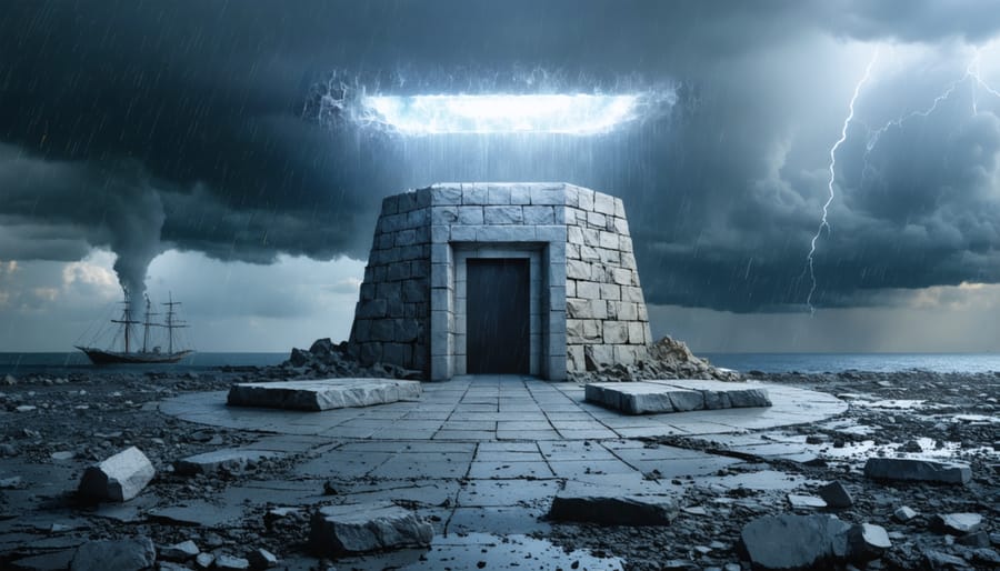 Conceptual illustration of a stone facility under a protective shield, safeguarding against earthquake tremors, floodwaters, and storm clouds, demonstrating resilience and emergency preparedness.