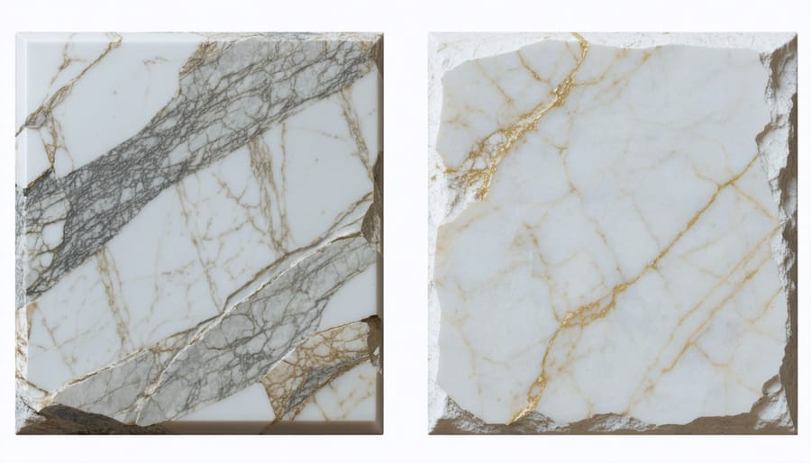 Comparison display of domestic quartz samples alongside granite, marble, and other stone alternatives