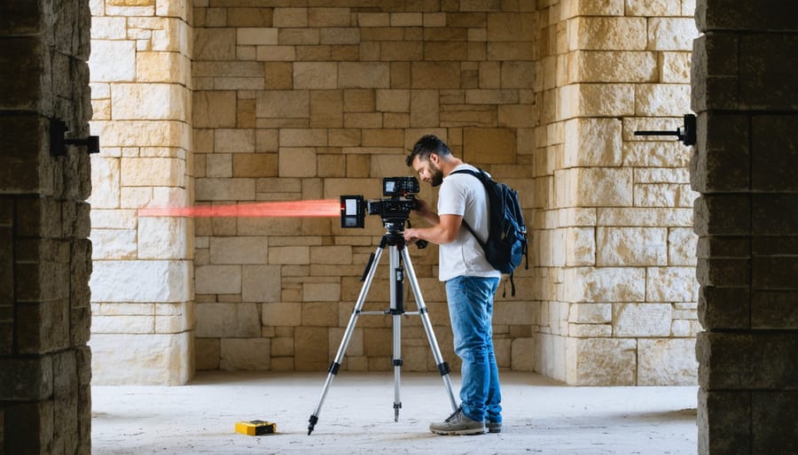Professional using 3D scanning technology on historic stone architecture