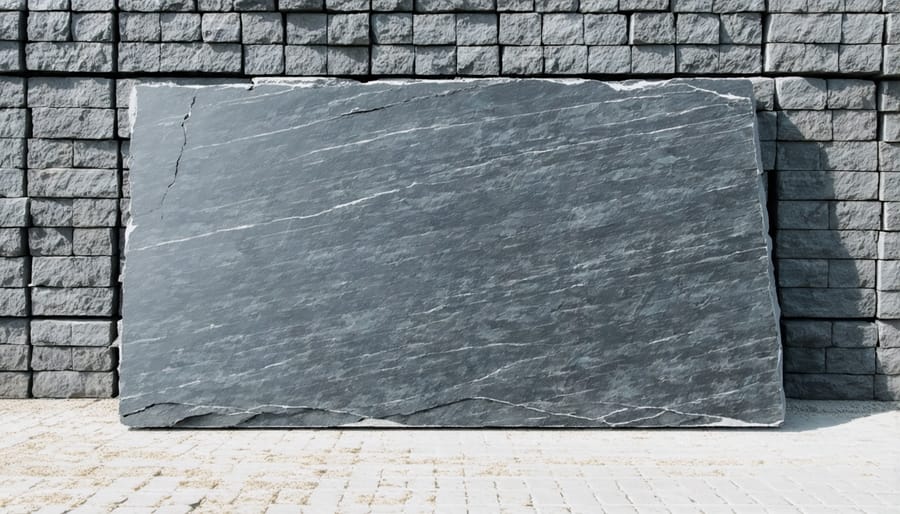 Stone slabs secured with safety straps and proper bracing systems in warehouse setting