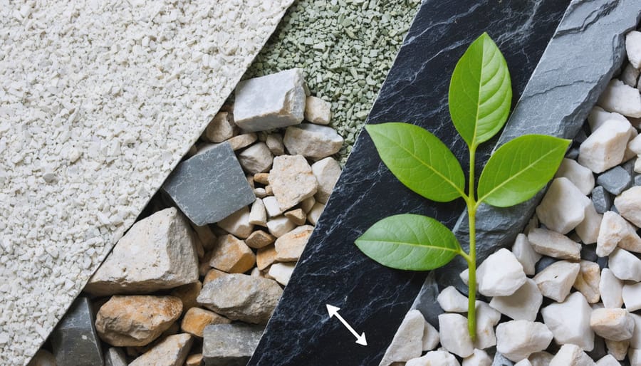 Conceptual collage illustrating different forms of stone waste such as marble dust and granite chips, with symbolic elements like a plant and recycling arrows representing sustainability and reuse potential in construction.
