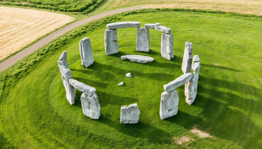 Bird's eye view of Stonehenge's circular stone arrangement and pathways