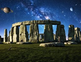 Artistic depiction of Stonehenge at night with stars and constellations above, illustrating its astronomical alignment and construction techniques.