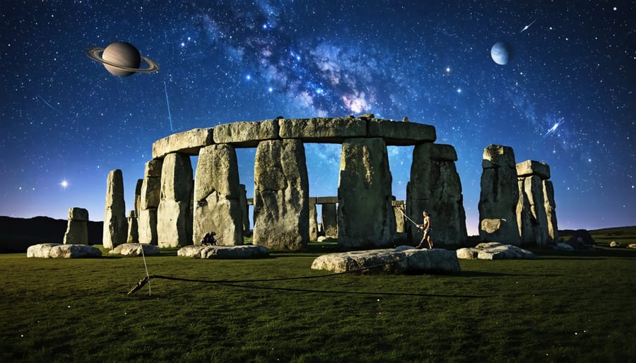 Artistic depiction of Stonehenge at night with stars and constellations above, illustrating its astronomical alignment and construction techniques.