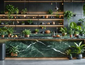 A modern kitchen with a stunning granite countertop, surrounded by plants and eco-friendly features, illustrating sustainable design.