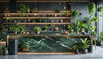 A modern kitchen with a stunning granite countertop, surrounded by plants and eco-friendly features, illustrating sustainable design.