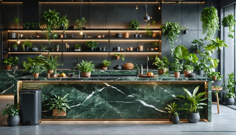 A modern kitchen with a stunning granite countertop, surrounded by plants and eco-friendly features, illustrating sustainable design.